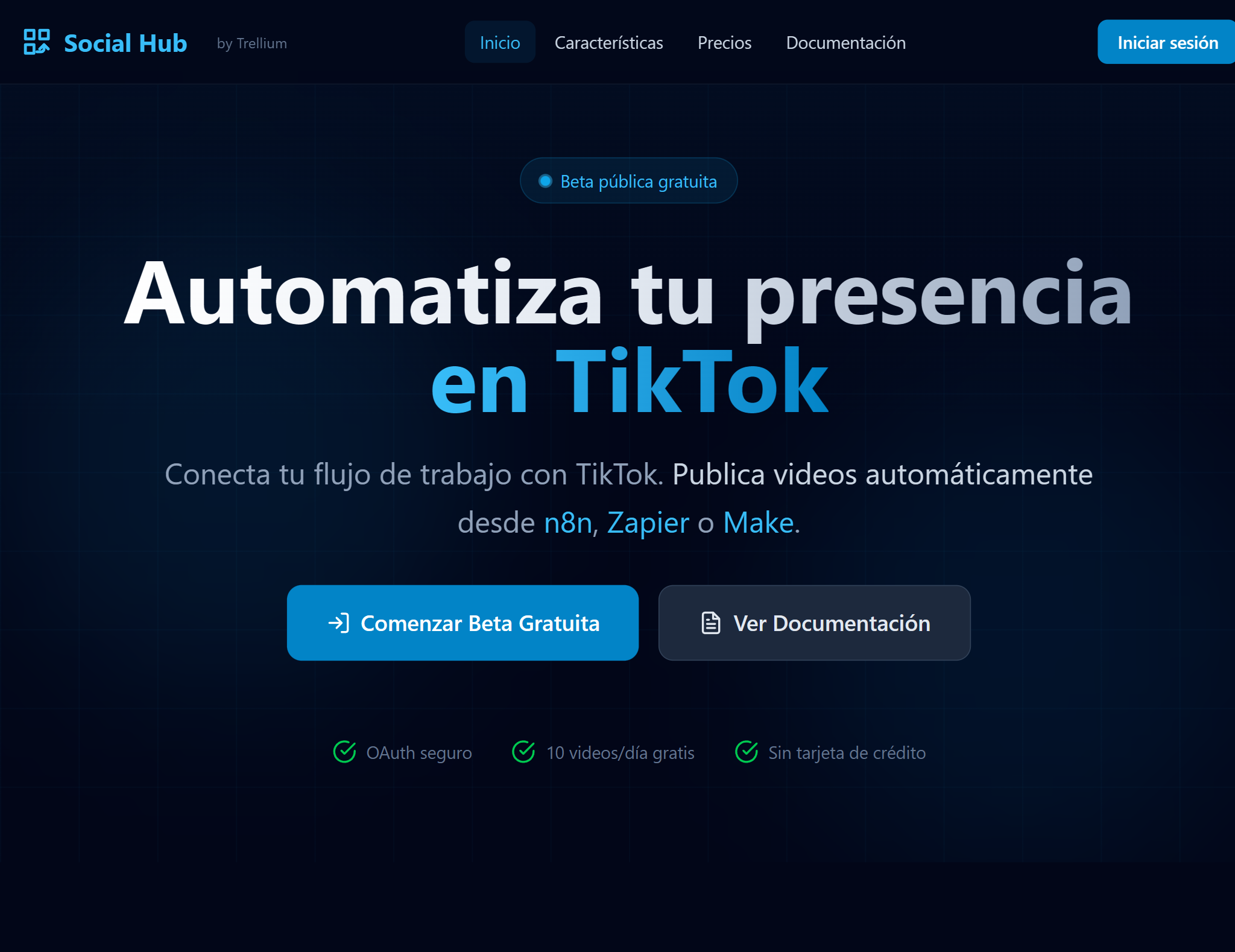 Landing page de Trellium Social Hub