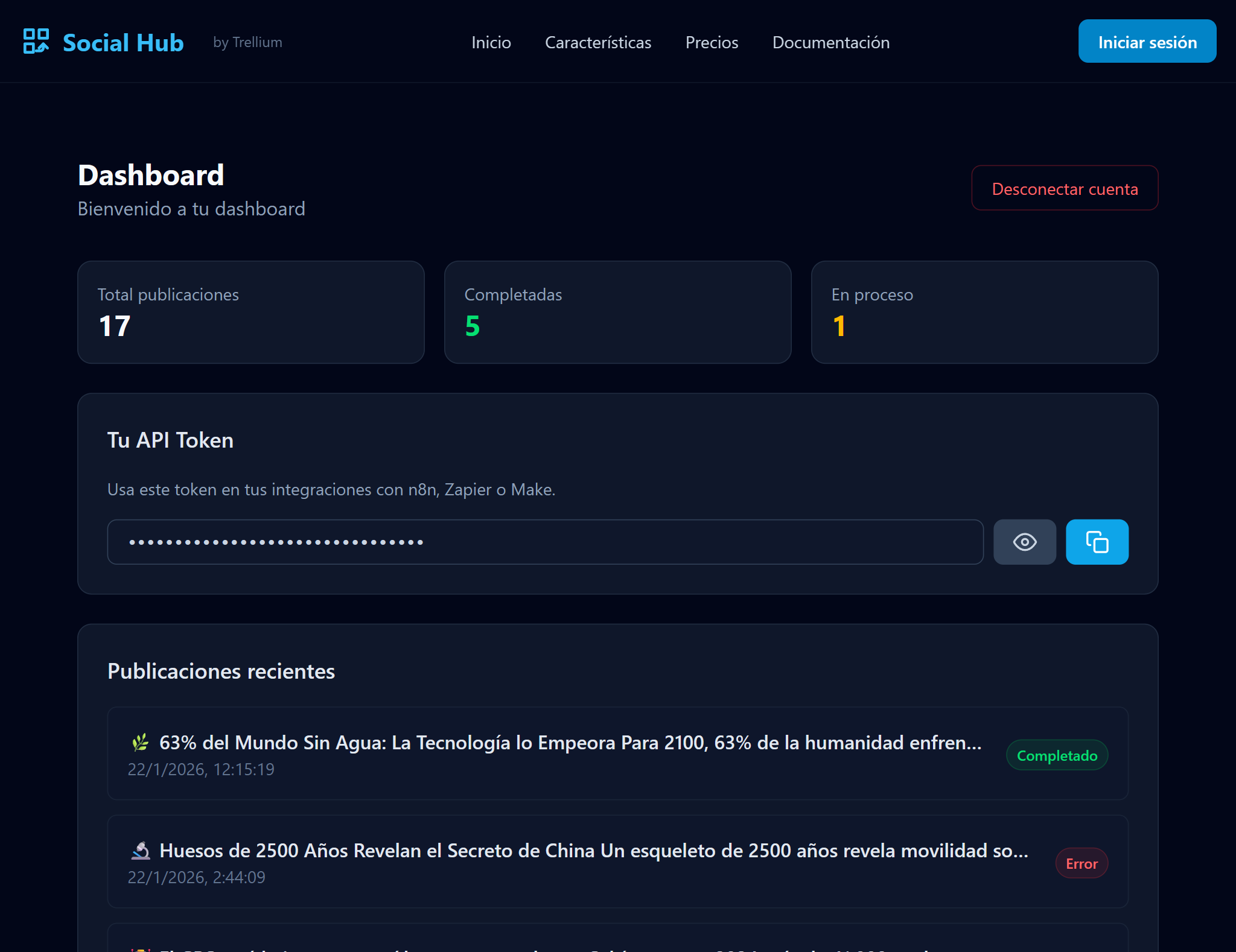 Dashboard principal de Social Hub